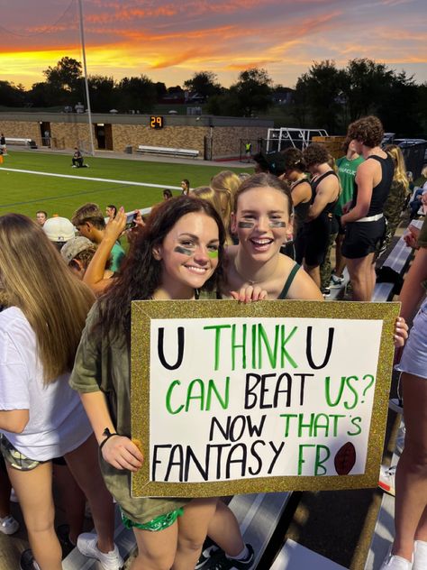 Poster Ideas Football High Schools, Football Student Section Theme Ideas, Football Poster Student Section, Powderpuff Football Signs Ideas, School Spirit Signs Football, Highschool Sports Posters, Football Season Signs, Camo Football Game Theme Posters, Football Season Posters