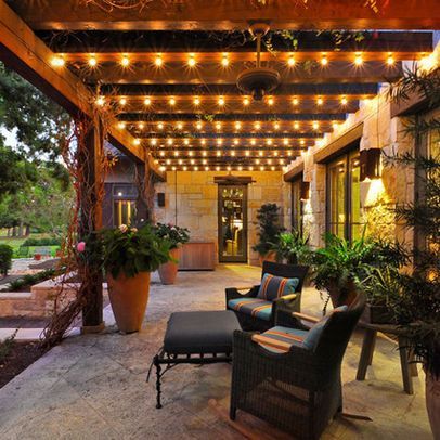 11 Great Deck & Patio Decorating Ideas: Patio Furniture, Lighting and Planters - ePlanters Pergola Outdoor, Covered Patio Design, Balkon Decor, Backyard Patio Deck, Cheap Pergola, Pergola Swing, Outdoor Patio Designs, Patio String Lights, Pergola Lighting