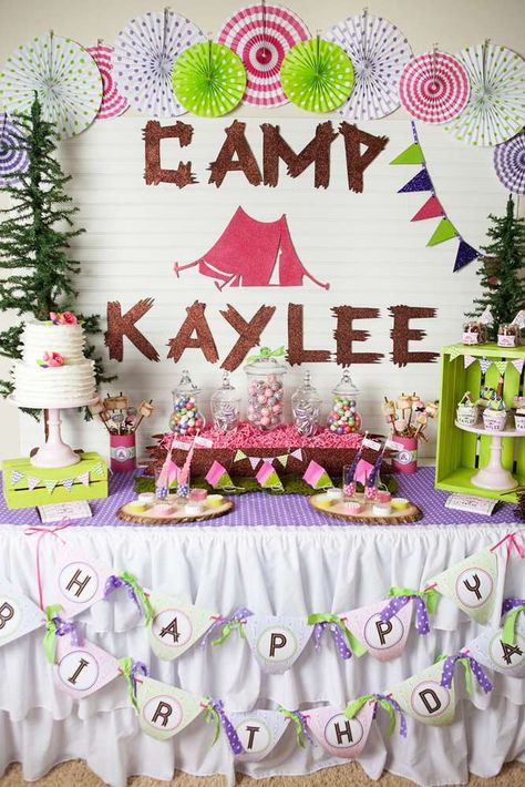 Amazing dessert table at a glamping birthday party! See more party planning ideas at CatchMyParty.com! Camp Birthday Party, Glamping Birthday Party, Camp Birthday, Camping Theme Birthday Party, Camping Theme Birthday, Glam Camping, Glamping Birthday, Glamping Party, Sleepover Birthday Parties