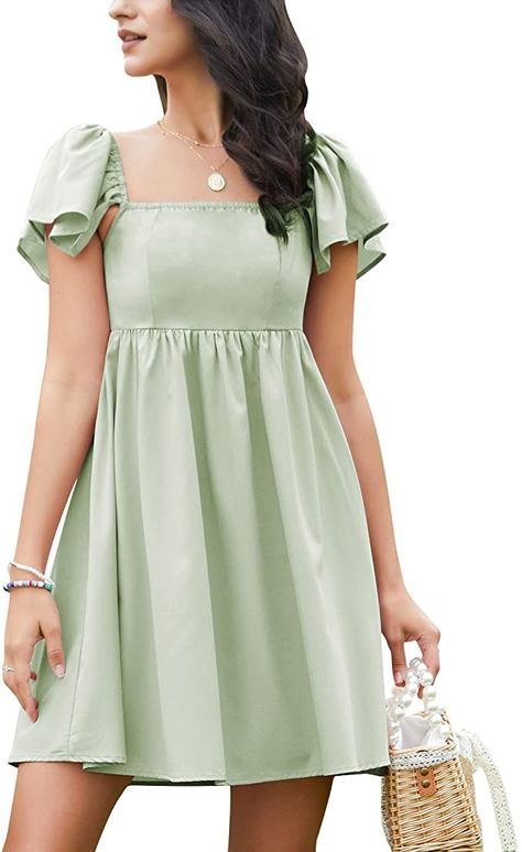 Flowy Dress Short, Trendy Outfits Inspiration, Mini Frock, Short Frocks, Square Neckline Dress, Green Clothing, Simple Frocks, Frock Fashion, Frock For Women