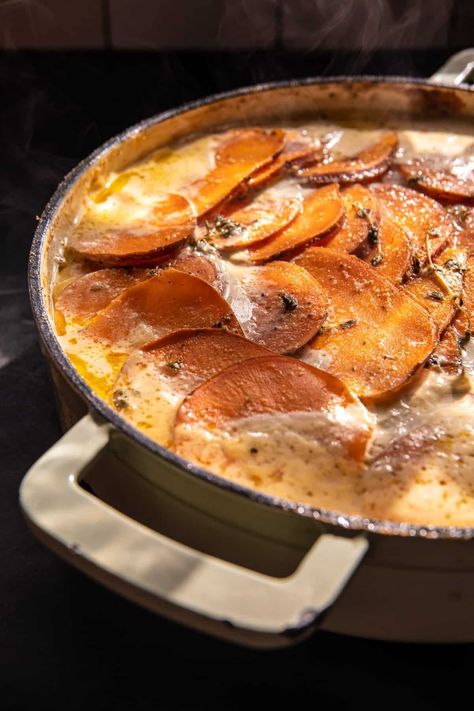 Easy Creamy Scalloped Sweet Potatoes: Creamy potatoes with crispy cheesy edges...simple to make, so delicious, and always a crowd favorite! Sweet Potato Stacks, Scalloped Sweet Potatoes, Potatoe Recipes, Half Baked Harvest Recipes, Crispy Sweet Potato, Vegan Entree, Harvest Recipes, Cheesy Sauce, Half Baked