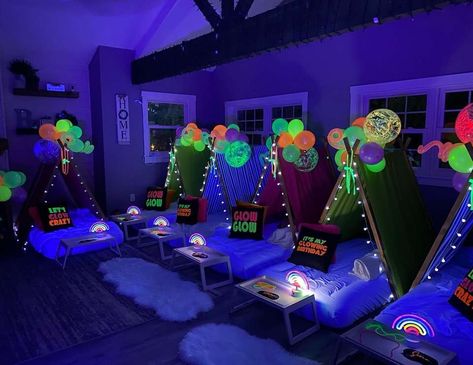 Let’s glow crazy slumber party / Birthday "Let’s glow crazy " | Catch My Party Neon Birthday Sleepover, Let’s Glow Crazy, Neon Sleepover, Glow Birthday Party Ideas, Crazy Catch, Preteen Birthday, Birthday Disco, Glow Theme Party, Crazy Birthday