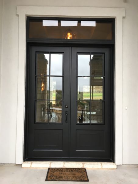 Classic - DD - ST - Transom - Durango Doors Double Door With Transom Entryway, All Glass Double Front Doors, Exterior Double Doors Entryway, Modern Classic Front Door, Koto Cabin, Double Front Doors With Glass Panels, Black Front Door Ideas, Classic Front Door, Door With Transom