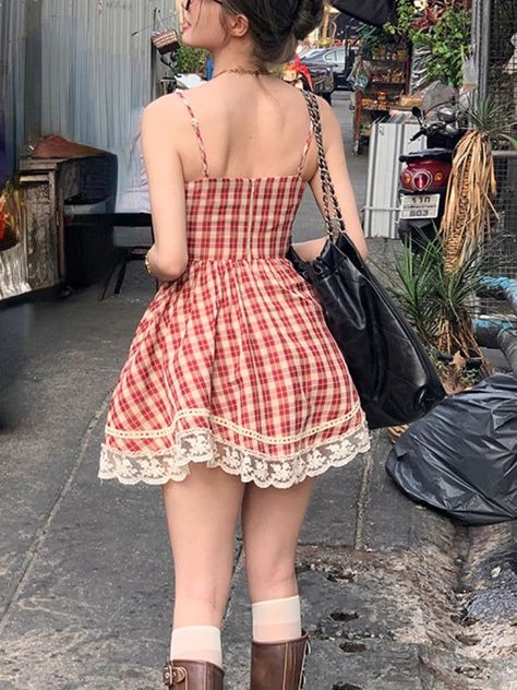 Red Plaid France Vintage Dress - Kawaii Elegant Party Dress#RedMiniDress #Fashion #OutfitIdea #Style #RedDress #SummerFashion #RedOutfit Plaid Mini Dress, Vintage Party Dresses, Party Mini Dress, Suspenders For Women, French Dress, France Vintage, Dress Korean, Images Esthétiques, Vintage Elegance