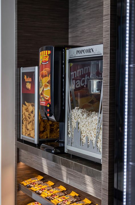 Mini Cinema Room Ideas, Dream Movie Theater, Basement Movie Theater On A Budget, I’m Home Movie Theater, Home Theater Popcorn Station, Home Theatre Snack Bar, Movie Theater In House, Movie Theater Rooms Aesthetic, Home Cinema Room Diy