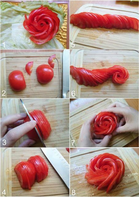 Garnish Tomato, Tomato Rose, Food Garnish, Veggie Art, Vegetable Decoration, Food Plating Techniques, Fruit Creations, Decorações Com Comidas, Amazing Food Decoration