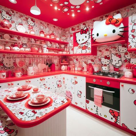 Hello Kitty Kitchen Decor, Red Sanrio, Sanrio Bedroom, Beach Hut Decor, Red Hello Kitty, Hello Kitty Bedroom, Hello Kitty Kitchen, Kitty Items, Pink Room Decor