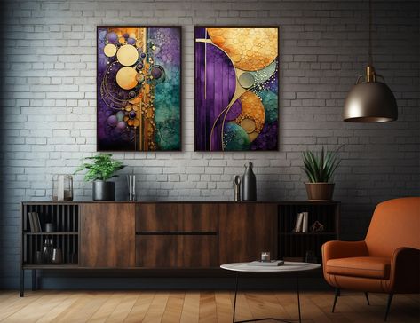 2-Piece Set, Gorgeous Abstract Wall Art, Purple Gold Teal and Green, Unique Prints, Home Decor, Stylish Modern Art Prints, Home Decor, Bold Focal Point Wall, Bold Abstract Art, Wall Art Purple, Teal Wall Art, Teal And Green, Purple Decor, Unframed Art Prints, Unique Prints, Modern Art Prints