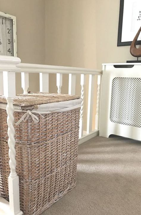 Laundry Basket on a landing. Easy place to store your washing basket because it's accessible to everyone, and it's right outside the bathroom #laundrybasket #washing #wicker Wash Basket Ideas Storage, Wooden Washing Basket, Washing Basket Ideas, Laundry Basket In Bedroom, Wicker Washing Basket, Laundry Basket Bedroom, Laundry Basket Ideas, Home Daycare Rooms, Washing Baskets