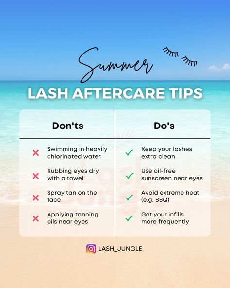 Lash Facts Quotes, Lash Extensions Tips For Clients, Summer Lash Tips, Summer Lash Extensions, How To Take Care Of Lash Extensions, Lash Extension Facts, Lash Tips For Clients, Lash Sayings, Lash Tech Policies