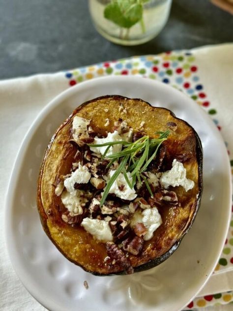 Maple- Pecan – Goat Cheese Roasted Acorn Squash with tarragon Maple Pecan Goat Cheese Roasted Squash, Acorn Squash Recipe Goat Cheese, Acorn Squash Goat Cheese, Tarragon Recipes, Mushroom Vegetable, Roasted Acorn Squash, Acorn Squash Recipes, Maple Pecan, Roasted Squash