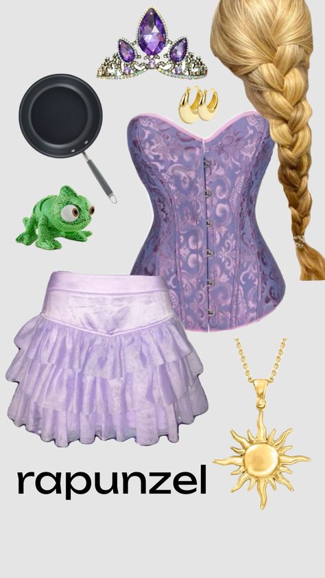 rapunzel halloween costume idea Couples Halloween Costume Rapunzel, Homemade Belle Costume Adult, Rapanzul Halloween Costume, Repunzal Halloween Costumes, Rapunzel And Mother Gothel Costume, Rupunzle Halloween Costumes, Purple Disney Characters, Rapunzel Couple Costume, Flynn Rider And Rapunzel Costume