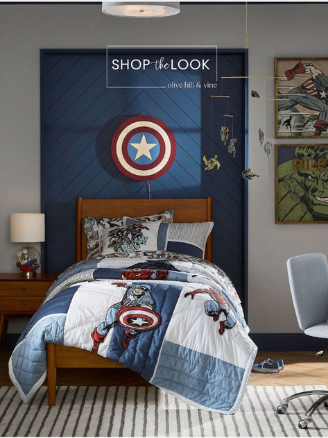 Looking for a "MARVEL”ous bedroom vibe for your little superhero? Imagine a space where Captain America and Hulk art sets the scene, personalized just for your guy. Add in a table lamp that doubles as a collection holder, cozy hero bedding, a Marvel mobile, and a light-up Captain America shield! Heroic dreams await!    Visit our website or find us on LTK to shop the look! Super Hero Bedroom Ideas For Boys, Boy Marvel Bedroom, Boys Avengers Bedroom Ideas, Marvel Bedroom Ideas Boy Rooms, Marvel Themed Bedroom, Captain America Room, Modern Superhero Bedroom, Hulk Bedroom, Marvel Boys Bedroom