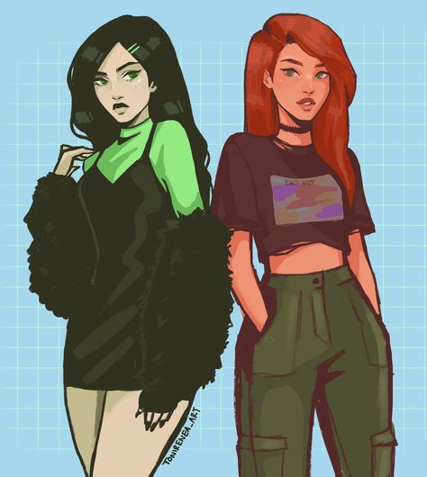 this feels like a couple but i also want to be both of them.. or one of them with the other as a couple idk its 3am WAIT ITS KIM POSSIBLE Tonirenea Art, Shego And Kim, Cartoon Kunst, Japon Illustration, Kim Possible, Fete Anime, Cute Art Styles, Girls Cartoon Art, Powerpuff Girls