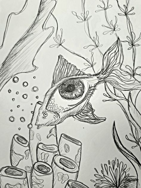 Fish Jumping Out Of Water Drawing, Abstract Fish Drawing, Eye Fish Drawing, Weird Fish Drawing, Fisheye Drawings, Scary Fish Drawing, Drawing Ideas Fish, Fisheye Drawing, Fisheye Art