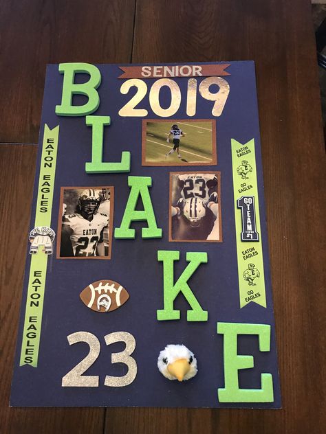 Senior Football Posters, Senior Night Poster Ideas, Soccer Senior Night Posters, Cheer Locker Decorations, High School Football Posters, Senior Night Poster, Football Locker Decorations, Senior Night Football, Soccer Senior Night