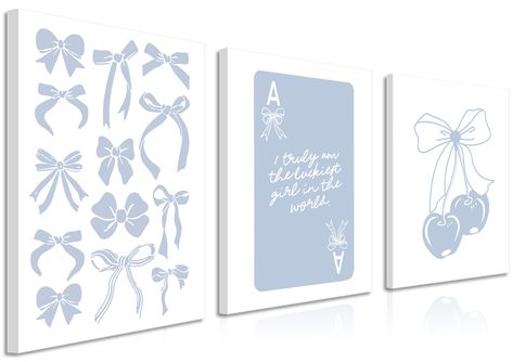 PRICES MAY VARY. Trendy Preppy Wall Art Set：Elevate your room with this Trendy Preppy Canvas Wall Art Set of 3. Featuring light blue bow designs and charming "How Lucky Are We" poker-themed prints, these wall decor paintings bring a sophisticated yet playful touch to any space. Perfect for adding a unique flair to dorm rooms, college apartments, or bedrooms, creating a chic and modern look. Versatile Blue Wall Art：The light blue and white color palette of this wall art set complements various de Preppy Blue Room Decor, Greece Themed Room, Coquette Room Posters, Cute Wall Decor Bedroom, Blue Decor Bedroom, Light Blue Room Decor, Blue And White Bedroom Decor, Prints For Dorm, Room Trinkets