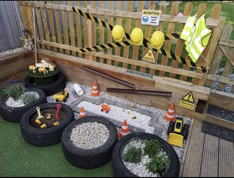 Garden Ideas Eyfs Outdoor Classroom, Childminding Garden Ideas, Montessori Outside Play Area, Eyfs Construction Area Outdoor Play, Construction Play Area Outdoor, Toddler Outdoor Play Area Ideas, Curiosity Approach Garden, Construction Area Early Years Outdoor, Infant Outdoor Play Area