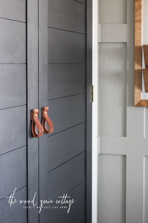 Folding Door Makeover, Diy Leather Pulls, Diy Closet Door, Bifold Doors Makeover, Diy Closet Doors, Painted Closet, Door Makeover Diy, Closet Door Makeover, Closet Built Ins