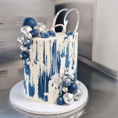 Royal Blue And Silver Cake For Men, Blue White And Silver Birthday Cakes, Simple Decorated Cakes Ideas, Blue White And Silver Birthday Party, Denim Cake Ideas, Navy Blue And Silver Cake, Shades Of Blue Birthday Party Ideas, Blue And Silver Cake For Men, Silver And Blue Cake