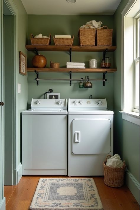 Rustic-chic laundry room with sage green walls and reclaimed wood shelves Green Farmhouse Laundry Room, Laundry Room Green Walls, Laundry Room Ideas Green, Sage Laundry Room, Bold Laundry Room, Sage Green Laundry Room, Accent Wall Laundry Room, Laundry Room Green, Laundry Room Paint Colors