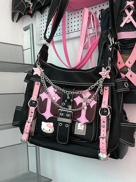 Y2K Messenger Bag for School Women Teen Girls Punk Cross Pins Chain Leather Tote Bag Crossbody Bag Y2K Accessories Bag Trending Totes, Hello Kitty Y2k, Hello Kitty Bag, Vintage Crossbody Bag, Pink Crossbody Bag, Punk Vintage, Girls Handbags, Cross Chain, Gothic Punk