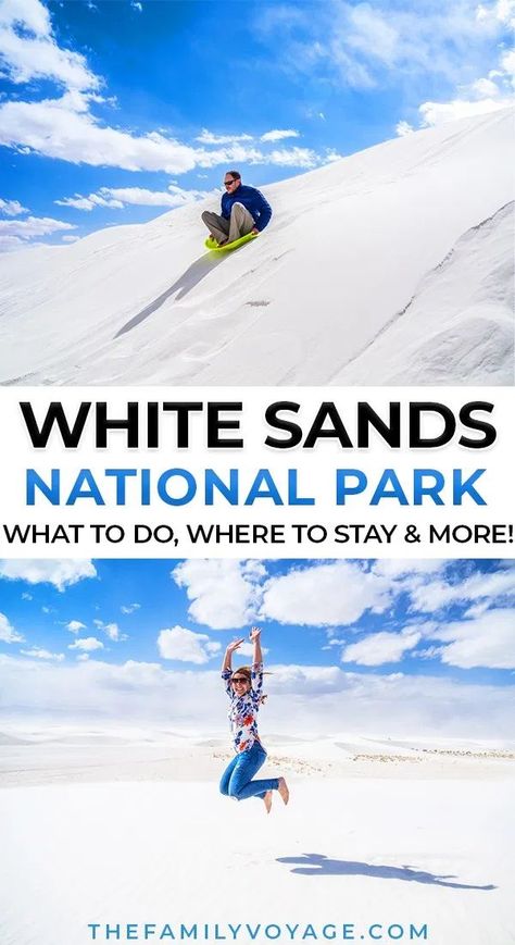 Planning a trip to White Sands New Mexico? Get all the info you need on visiting America's newest National Park! You'll get the inside scoop on sledding the gypsum dunes, where to stay nearby and even where to eat in Las Cruces NM. | White Sands National Park | White Sands National Monument | White Sands photoshoot | White Sands photos | White Sands New Mexico photoshoot | #NationalParks #WhiteSands #NewMexico #travel Adventurous Activities, White Sands New Mexico, New Mexico Road Trip, White Sands National Park, Travel New Mexico, National Parks America, White Sands National Monument, Backcountry Camping, National Park Road Trip