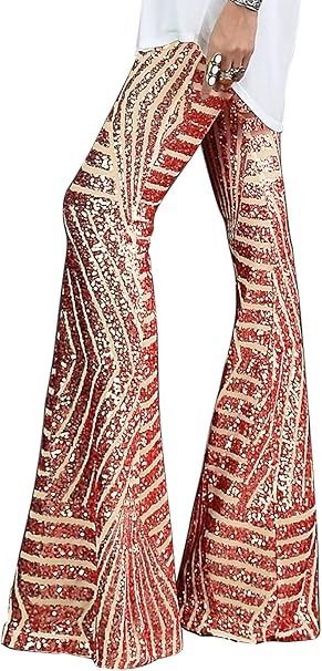 BLENCOT Bell Bottoms for Women High Waisted Wide Leg Palazzo Pants Bling Sequin Flared Trousers Red XL at Amazon Women’s Clothing store Sequin Bell Bottoms, Night Out Clubwear, Sequined Pants, Leopard Satin Dress, High Waisted Flare Pants, Pants High Waisted, Sequin Pants, Wide Leg Palazzo Pants, Spaghetti Strap Maxi Dress