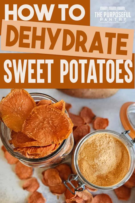 Dehydrating sweet potatoes is an excellent way to store them - whether sliced, cubed, or mashed, you can have them ready year-round! Come find out how easy it is to do! Sweet Potato Chips Dehydrator, Dehydrating Sweet Potatoes, Dehydrate Sweet Potatoes, Dehydrating Food Storage, Dehydrate Potatoes, Sweet Potato Oven, Sweet Potato Flour, Sweet Potato Chips Baked, Sweet Potato Powder