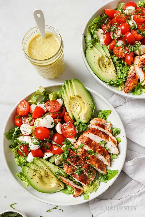 Chicken Caprese Salad with Avocado | Laura Fuentes Caprese Salad With Chicken, Office Meal Prep, Chicken Caprese Pasta Salad, Caprice Salad, Chicken Caprese Salad, Homemade Balsamic Dressing, Chicken Avocado Salad, High Protein Salads, Power Bowl Recipe