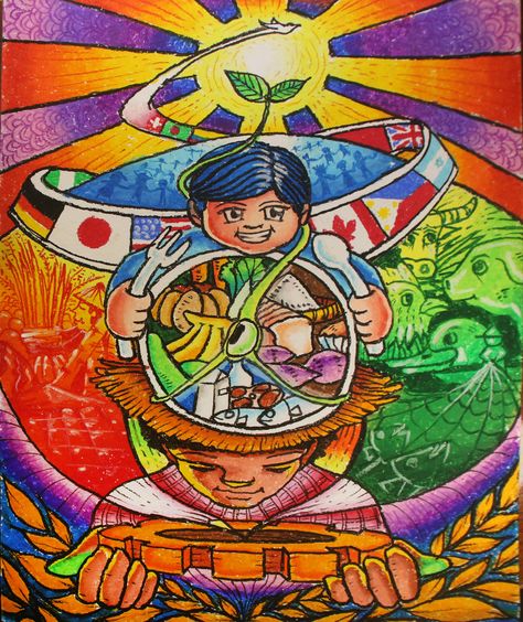 Theme: OUR ACTIONS ARE OUR FUTURE. HEALTHY DIETS. FOR A #ZEROHUNGER WORLD. Media: Oil pastel on Illustration Board Nutrition Month Poster Ideas, Healthy Diet Poster Drawing, Healthy Diet Drawing, Nutrition Month Poster Making Drawing, Culture Day Poster, Healthy Food Illustration Art, Kalayaan Poster, Kalayaan Poster Making, Nutrition Month Poster