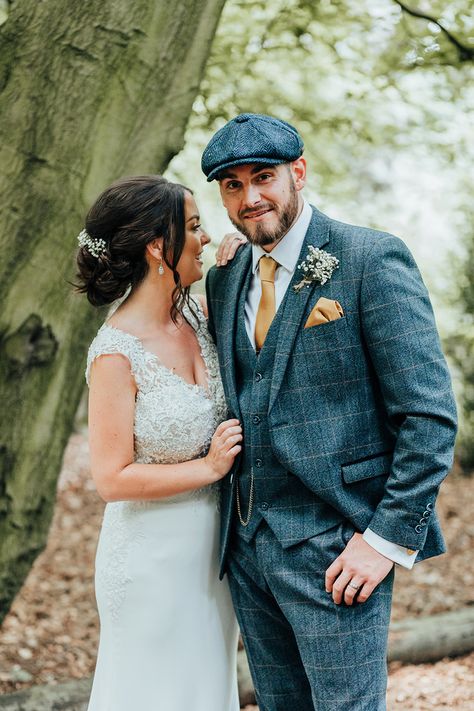 Groom Groomsmen Blue Suits Waistcoats Hat Flat Cap Hazlewood Castle Woodland Wedding Nicola Mackrill Photography #Groom #Groomsmen #BlueSuits #Waistcoats #Wedding #FlatCap Groom In Hat, Vintage Wedding Groom Attire, Groom Hat Wedding, Groom With Hat, Vintage Wedding Groom, Black And White Wedding Theme, Suits Groom, 2nd Wedding, Modern Groom