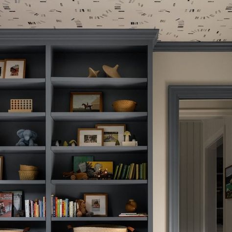 Studio McGee on Instagram: "Wallpapered ceiling + painted trim = the perfect kids' space. #SMHoustonEstate  Builder: @erinstetzerhomes Architect: @reagan_andre_architecture" Wallpapered Ceiling, Ceiling Painted, Kids Playrooms, Painted Trim, Room Bookshelf, Wallpaper Ceiling, Boys Rooms, Toy Room, Bookshelf Styling