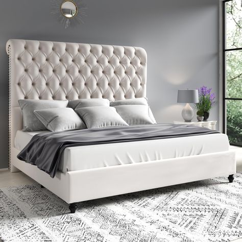 PRICES MAY VARY. 60" TALL BED FRAME: This tall upholstered sleigh bed has an elegant rolled edge headboard, from the delicate rivets to the curvaceous shape, blending classic elements with modern style. EXQUISITE HANDMADE: Premium velvet brings cozy&lazy experience, while handcrafted deep diamond buttons and double pleats add individuality and artistry to the bedroom. STABLE STRUCTURE: Wooden slats and central metal support legs provide sturdy support.Embedded design of the platform bed frame pr Sleigh Bed Frame, Upholstered Sleigh Bed, Frame Drawing, Velvet Upholstered Bed, Perfect Bed, Wingback Bed, Tall Headboard, Sleigh Bed, Classic Bed