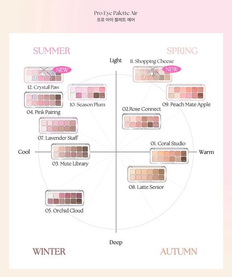 Spring Color Palette Makeup, Korean Makeup Swatches, Summer Cool Tone Korean Makeup, Dollie Makeup, Romand Better Than Palette Shade And Shadow, Romand Better Than Palette Dusty Fog, Light Spring Korean Makeup, Romand Eyeshadow Pallete, True Winter Palette