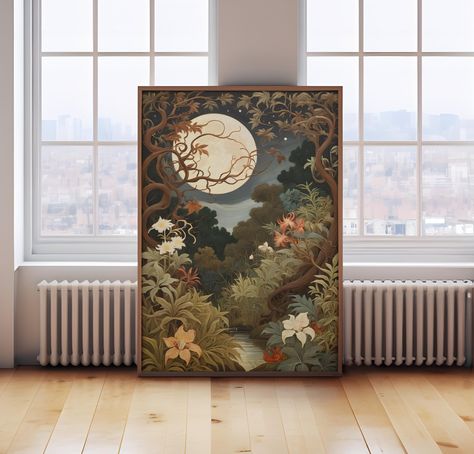 Elevate your space with the captivating William Morris style painting of moon and forest with beautiful florals.  Perfect for infusing your home with the charm of celestial dark decor. This print exhibits the nostalgia of classic oil paints, creating a captivating focal point for any room. FOR MORE CELESTIAL PRINTS: https://www.etsy.com/uk/shop/EnchantedAtticStudio?section_id=49667204 PLEASE NOTE THE FRAME IS NOT INCLUDED. *Colours may vary slightly to what you see on screen due to different set Unique Wall Art Prints, William Morris Bedroom, Witchy Home Aesthetic, Moon And Forest, Forest Sketch, Botanical Bedroom, Art Nuevo, Art Deco Room, Boho Cozy