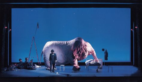 The Pink Elephant and Five Gentlemen is a Beckettian slice of absurdism that was staged at Haiyuza theatre in Tokyo in 1994. The set designed by Kazue Hatano featured a surreal, 1.95m tall elephant with broken-down legs Set Theatre, Scenic Design Theatres, Theatre Of The Absurd, Theatre Inspiration, Stage Designs, Stage Set Design, Set Design Theatre, Outdoors Tattoo, Theatre Set