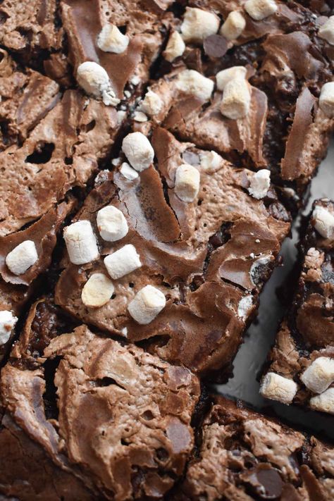 Hot Chocolate Brownies • Dance Around the Kitchen Hot Chocolate Mix Brownies, Brownies From A Box, Cocoa Marshmallow, Easy Hot Chocolate, Dance Around The Kitchen, Marshmallow Bits, Hot Chocolate Brownies, Desert Bar, Hot Chocolate Coffee