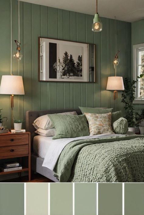 Discover how accent lighting can enhance your bedroom's color scheme. Add warmth, depth, and style with our expert tips. #ad     #Colortrend #wallpaint2024  #color2024  #DIYpainting  ##DIYhomedecor  #Fixhome Green Bedroom And Ceiling, Shades Of Green Bedroom Ideas, Green Bedroom Colour Palettes, Light Green Accent Wall, Light Sage Green Bedroom, Green Paint Bedroom, Light Green Bedroom Ideas, Bedroom Colour Schemes Green, Sherwin Williams Clary Sage