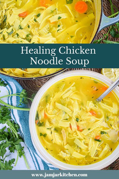 When you are feeling under the weather there is nothing like a hearty, comforting bowl of chicken noodle soup to make everything right in the world. This soothing soup recipe contains cold busting ingredients like turmeric, garlic, lemon, fresh herbs and bone broth to heal the body and soul and get you back on your feet in no time. And even if you’re not sick, it’s a delicious recipe that you’re whole family will love! Healing Chicken Noodle Soup, Chicken Soup Recipes Homemade, Chicken Noodle Soup Recipe Homemade, Best Chicken Noodle Soup, Healing Soup, Homemade Chicken Noodle, Homemade Soup Recipe, Chicken Noodle Soup Homemade, Noodle Soup Recipes