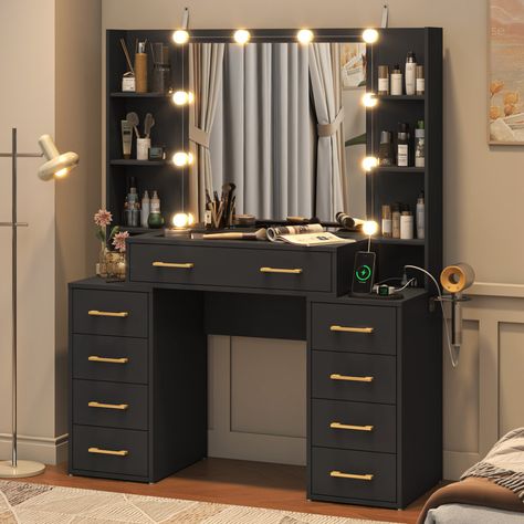 Makeup Vanity Area, Black Vanity Desk, Glass Top Vanity, Makeup Dresser, Mirror Desk, Vanity Desk With Mirror, Modern Vanity Table, Desk With Mirror, Modern Makeup Vanity