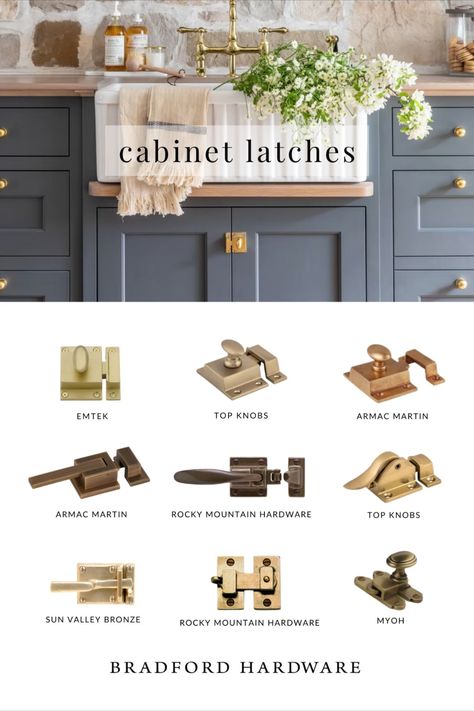 Collection of cabinet and cupboard latches 

One popular option for decorative cabinet latches is vintage-style latches. These latches have a classic look, reminiscent of latches found in homes of the past. They can add a touch of nostalgia to your kitchen and can be found in a variety of finishes such as brass, satin nickel, polished nickel, chrome, black, oil rubbed bronze, and pewter. Cabinet Latches, Cabinet Door Hardware, Farmhouse Cabinets, Cabinet Latch, Cabinet Door Styles, Unique Cabinets, Kitchen Knobs, Farmhouse Kitchen Cabinets, Kitchen Cabinet Pulls