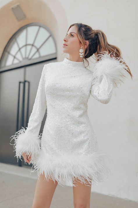 Bridal Minis Wedding After Party Dress For Bride, Long Sleeve White Dresses, Untamed Petals, 70s Wedding, Wedding Reception Dress, Mini Robes, Feather Trim, Bridal Event, Dress Order