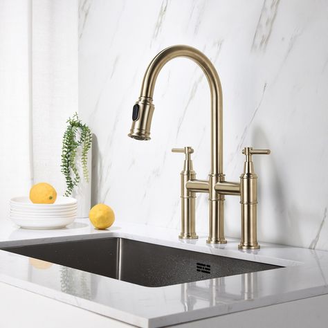 Features: This kitchen faucet corrosion-resistant finish will not fade or tarnish over time; Steel that resists water spots and fingerprints – SOLID CONSTRUCTION and top of the line components ensure long-lasting leak-free performance. Bridge Kitchen Faucet, Bridge Faucet, Faucet Design, Single Handle Kitchen Faucet, Farmhouse Sink Kitchen, Live Beautifully, Kitchen Sink Faucets, Kitchen Taps, Kitchen Handles