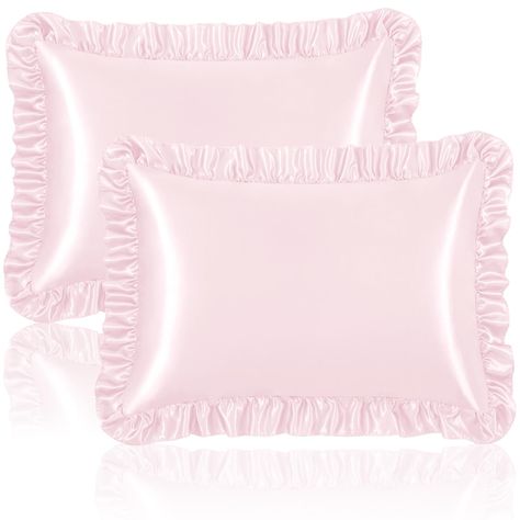 Princess Room Decor, Pink Dorm, Ruffle Pillow, Glam Bedroom, Neck Wrinkles, Satin Pillow, Satin Bedding, Facial Wrinkles, King Size Pillows