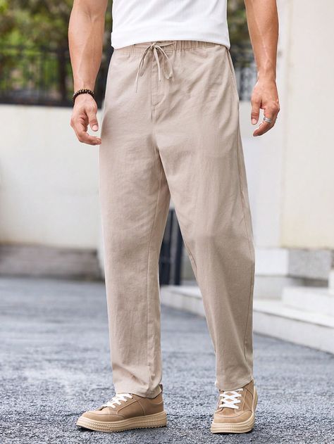 Men's Woven Straight-Leg Casual Pants With Drawstring Waist, Long Length, Ideal For Spring And Summer Khaki Casual   Woven Fabric Plain Tapered/Carrot Non-Stretch  Men Clothing, size features are:Bust: ,Length: ,Sleeve Length: Carrot Pants, Man Weave, Men Clothing, Long Length, Drawstring Waist, Casual Pants, Woven Fabric, Length Sleeve, Straight Leg