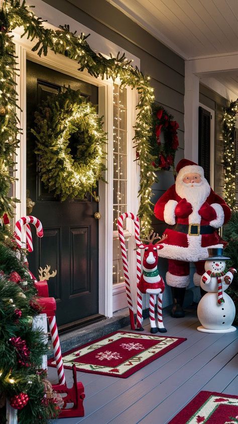 Santa Porch Decor, Vintage Santa Decor, Christmas Santa Decorations, Front Yard Christmas Decorations Ideas, Christmas Decir, Puppy Farm, Ideas Decoracion Navidad, Christmas Quilting Projects, Christmas Entry