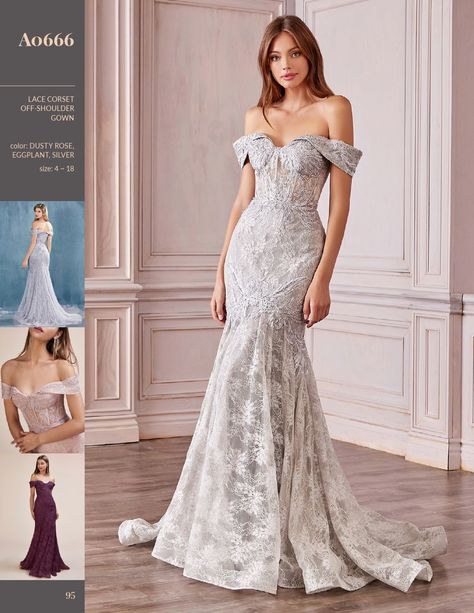 2021 A&L Catalog Andrea And Leo, Lace Mermaid Dress, Jeweled Collar, Mermaid Evening Gown, Off Shoulder Gown, Trumpet Dress, Silver Mermaid, Trumpet Gown, Sleeveless Long Dress