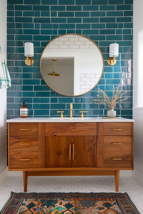 Use tiles and decor to create a stunning mid-century modern bathroom with these tips and ideas. Mid Modern Bathroom, Jewel Tone Bathroom, Mid Mod Bathroom, Mid Century Bathroom Remodel, Mcm Bathroom, Midcentury Modern Bathroom, Bathroom Wallpaper Ideas, Modern Bathroom Ideas, Pond House