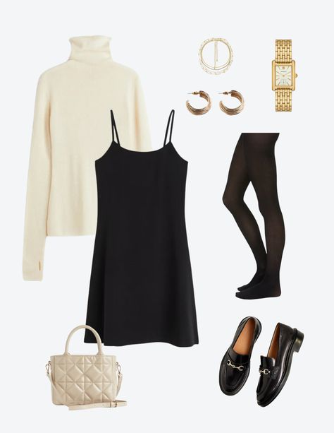 Product photos of Casual fall women’s work outfit with black dress, white turtleneck sweater, black tights, black loafers, gold jewelry, and nude bag. Outfit With Black Dress, Nude Loafers Outfit, Outfit Casual Women, Work Outfit Women, Loafers Outfit Women, Work Outfit Casual, Fall Work Outfit, Nude Bags, Workout Fits Women